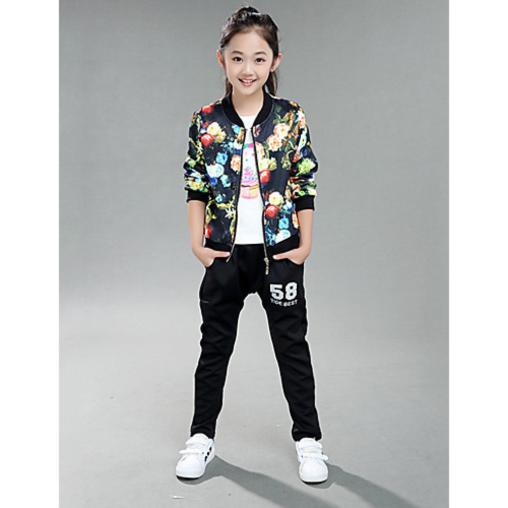 Girl's Cotton Spring/Autumn Flowers Pattern Coat Jacket Pants Two-piece Set  