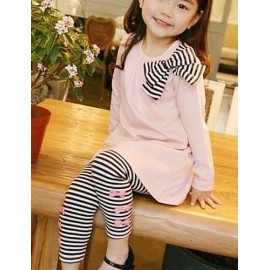 Girl's Stripes Bows Clothing Set, Blue Pink Long Sleeve Top And Leggings  