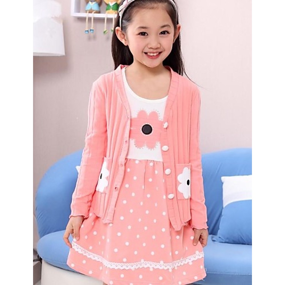 Girl's Sweet Polka Dot Lace And Sunflower Print Beaded Clothing Sets(Dress&Knitwear)  