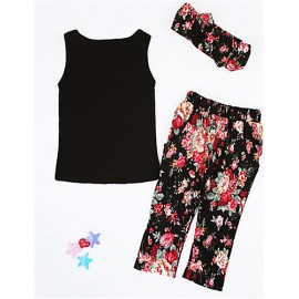 Girl's Black Sleeveless Top And Pants Clothing Set(Including Printed Headscarves)  