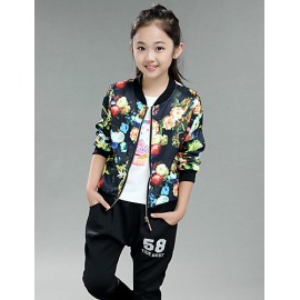 Girl's Cotton Spring/Autumn Flowers Pattern Coat Jacket Pants Two-piece Set  