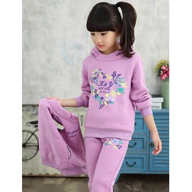 Girls Fashion Han Flower Heart Love Thicken Fleece Sports And  Leisure Three-Piece Outfit  