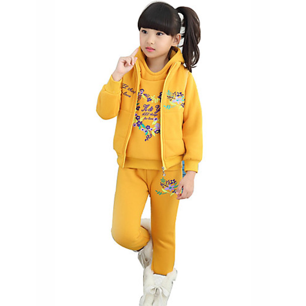 Girls Fashion Han Flower Heart Love Thicken Fleece Sports And  Leisure Three-Piece Outfit  