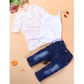 Girl's Cotton Summer Fashion waistcoat lace Pierced Tee   Cowboy Trousers  Three-Piece Set  