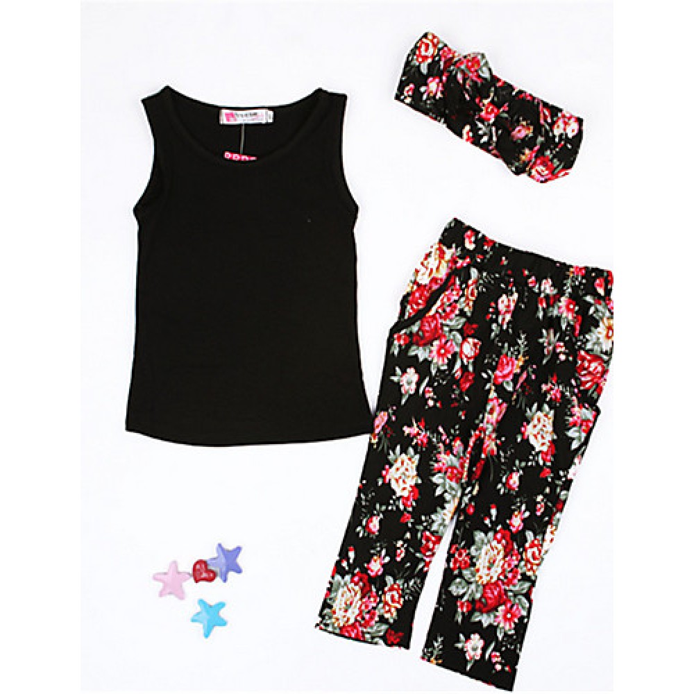 Girl's Black Sleeveless Top And Pants Clothing Set(Including Printed Headscarves)  