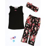 Girl's Black Sleeveless Top And Pants Clothing Set(Including Printed Headscarves)  