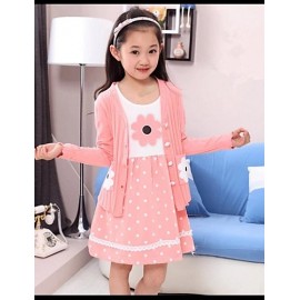 Girl's Sweet Polka Dot Lace And Sunflower Print Beaded Clothing Sets(Dress&Knitwear)  