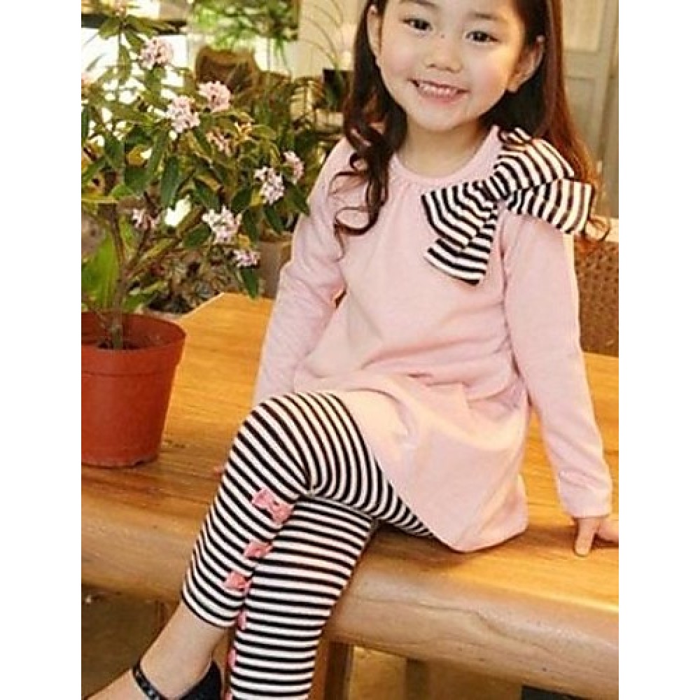 Girl's Stripes Bows Clothing Set, Blue Pink Long Sleeve Top And Leggings  