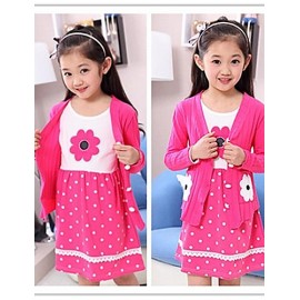 Girl's Sweet Polka Dot Lace And Sunflower Print Beaded Clothing Sets(Dress&Knitwear)  