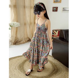 Girl's Cotton/Polyester Fashion Floral Straped Beach Loose Overall & Jumpsuit  